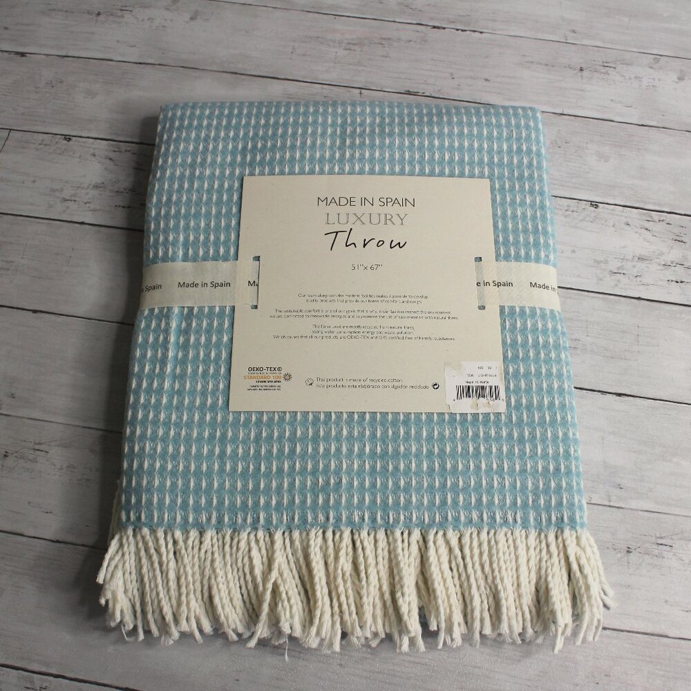 Made in Spain Throw Blanket Blue Cream with Fringe Cotton Blend